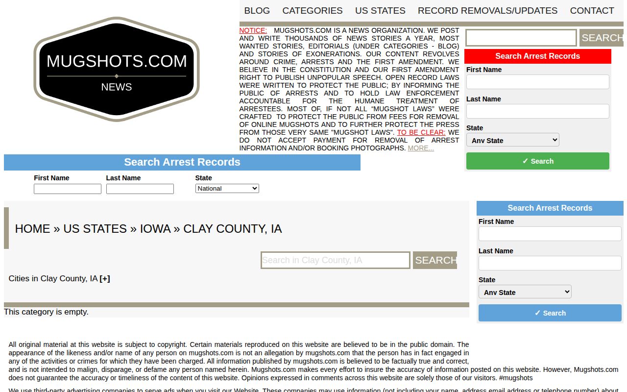 Unofficial Clay County Iowa mugshot record landing page